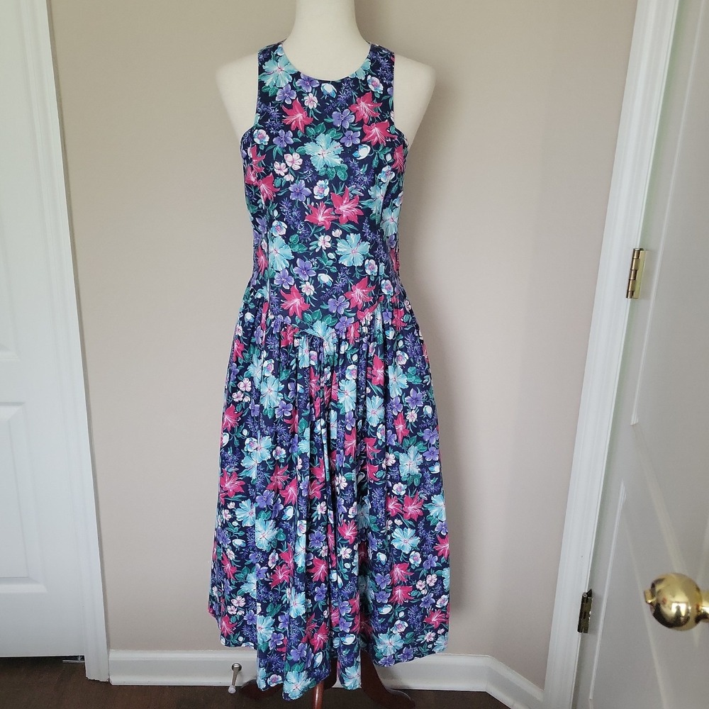 Vintage 90s All That Jazz Floral Midi Dress Sz M Smocked Romantic Drop Waist